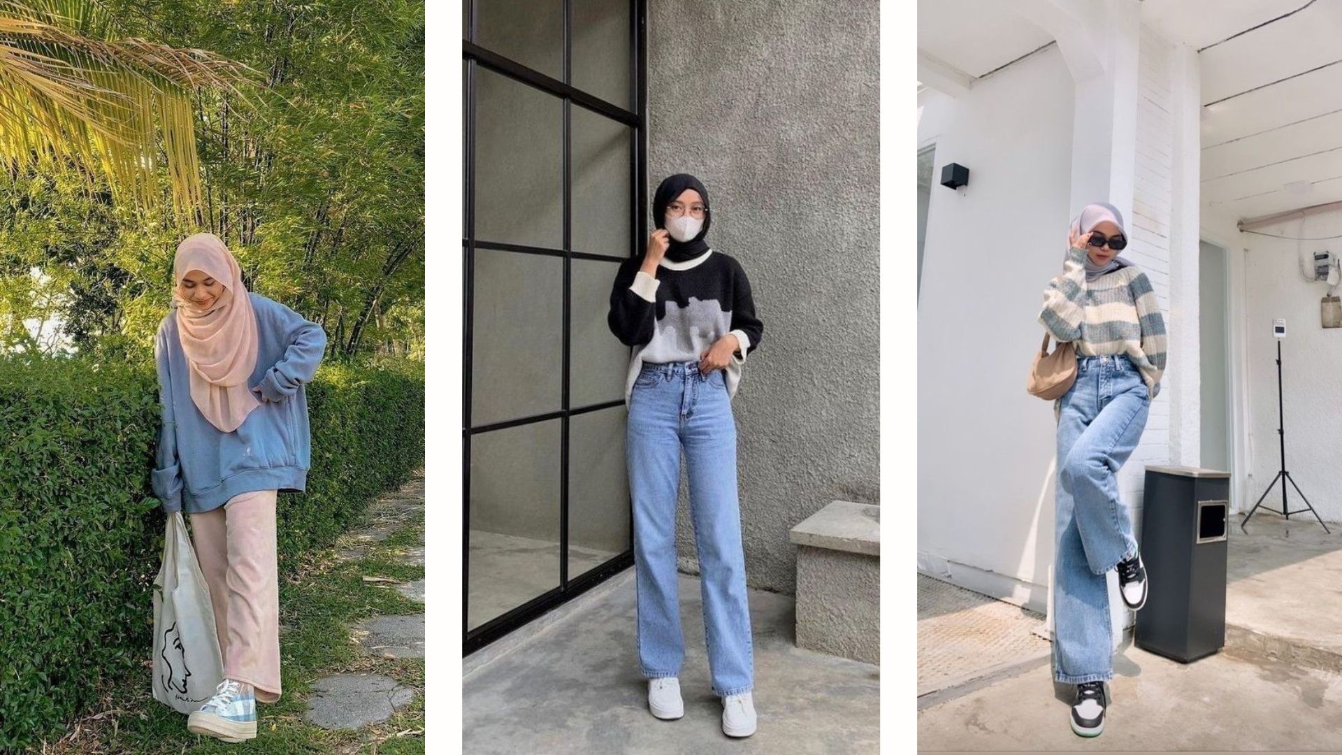 ootd sweater hijab regular fit jeans