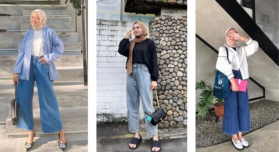 ootd hijab tubuh pendek celana kulot jeans